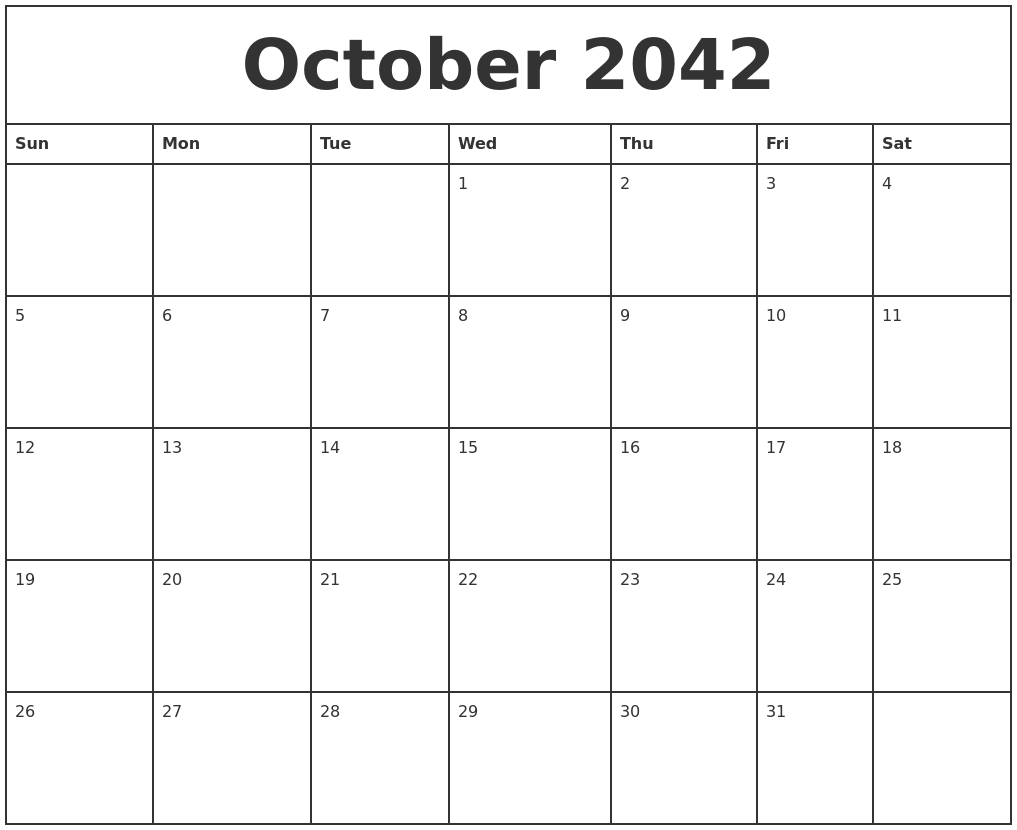 October 2042 Printable Monthly Calendar