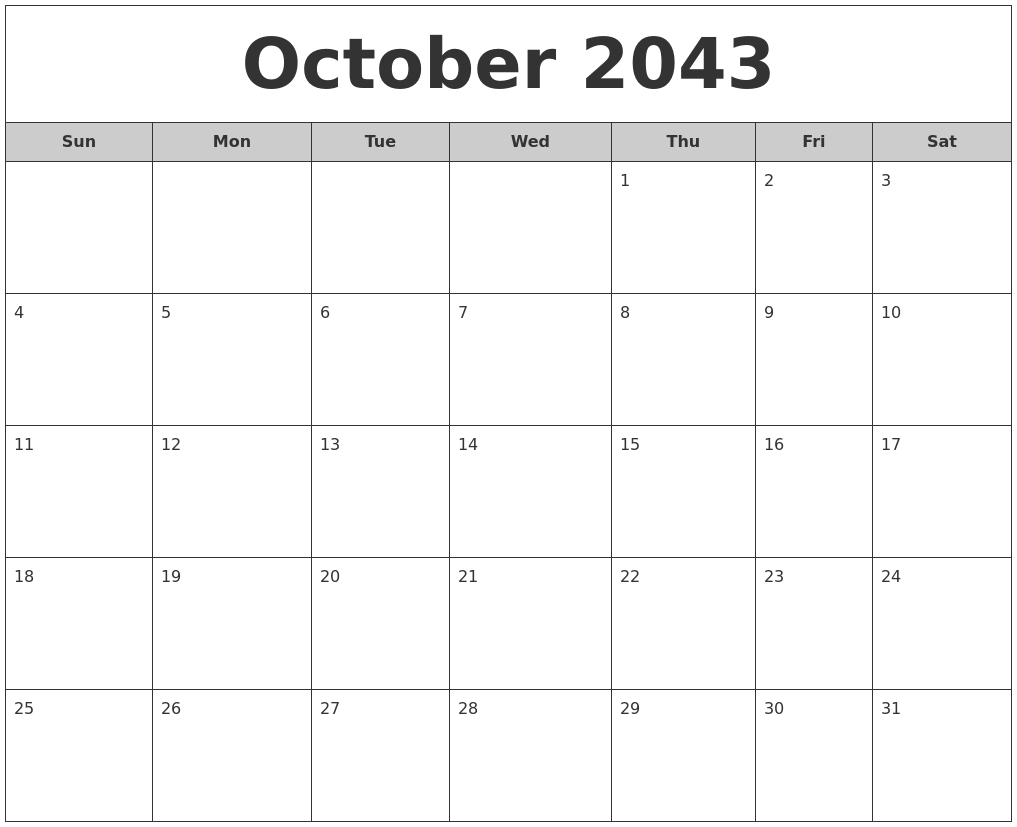 October 2043 Free Monthly Calendar