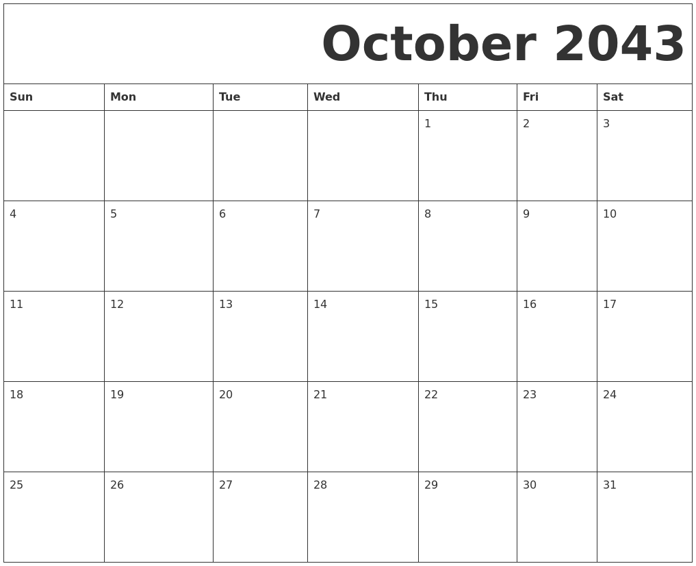October 2043 Free Printable Calendar