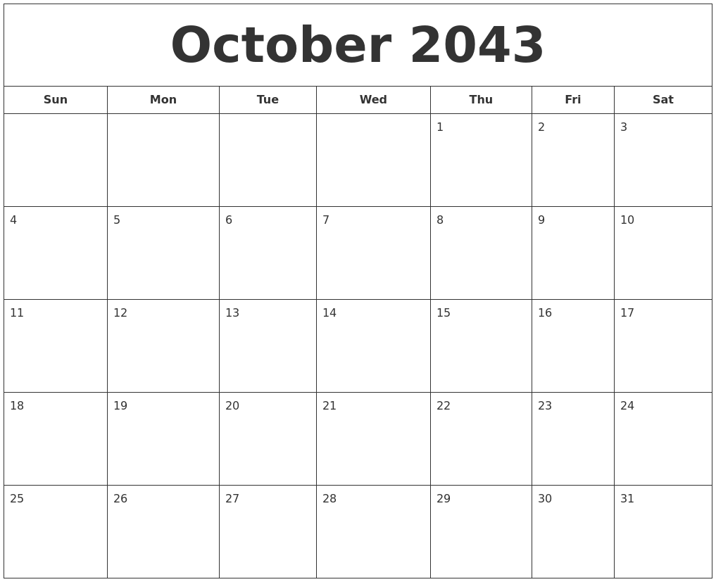 October 2043 Printable Calendar