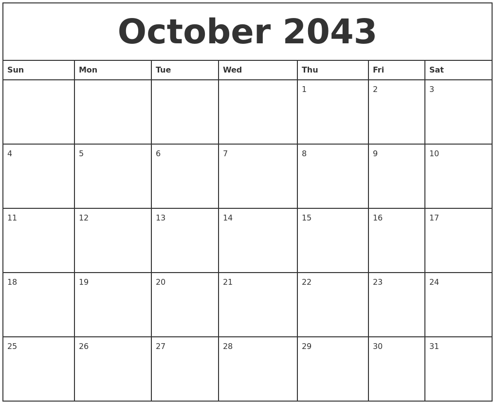 October 2043 Printable Monthly Calendar