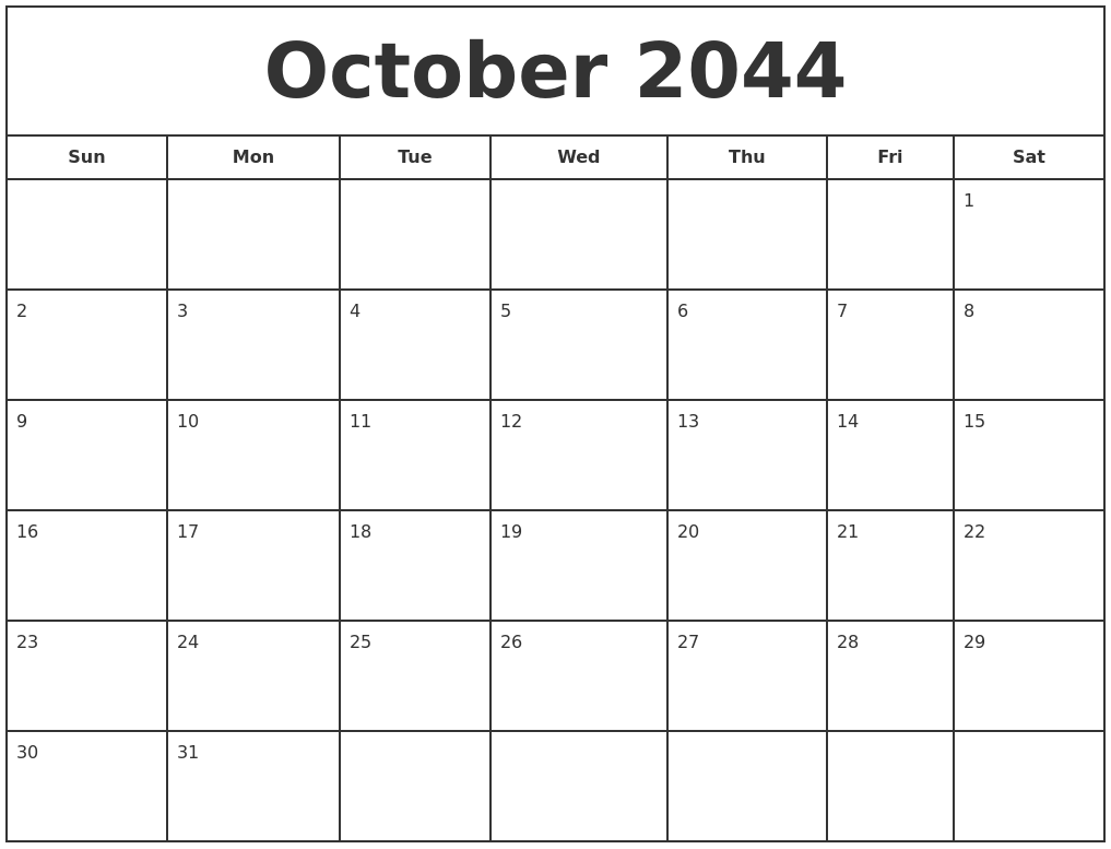 October 2044 Print Free Calendar