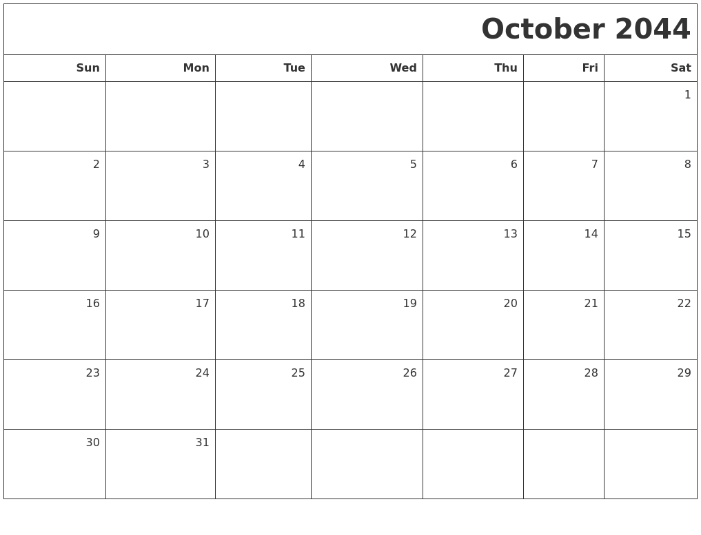 October 2044 Printable Blank Calendar