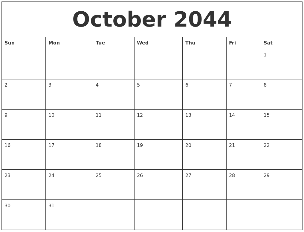 October 2044 Printable Monthly Calendar