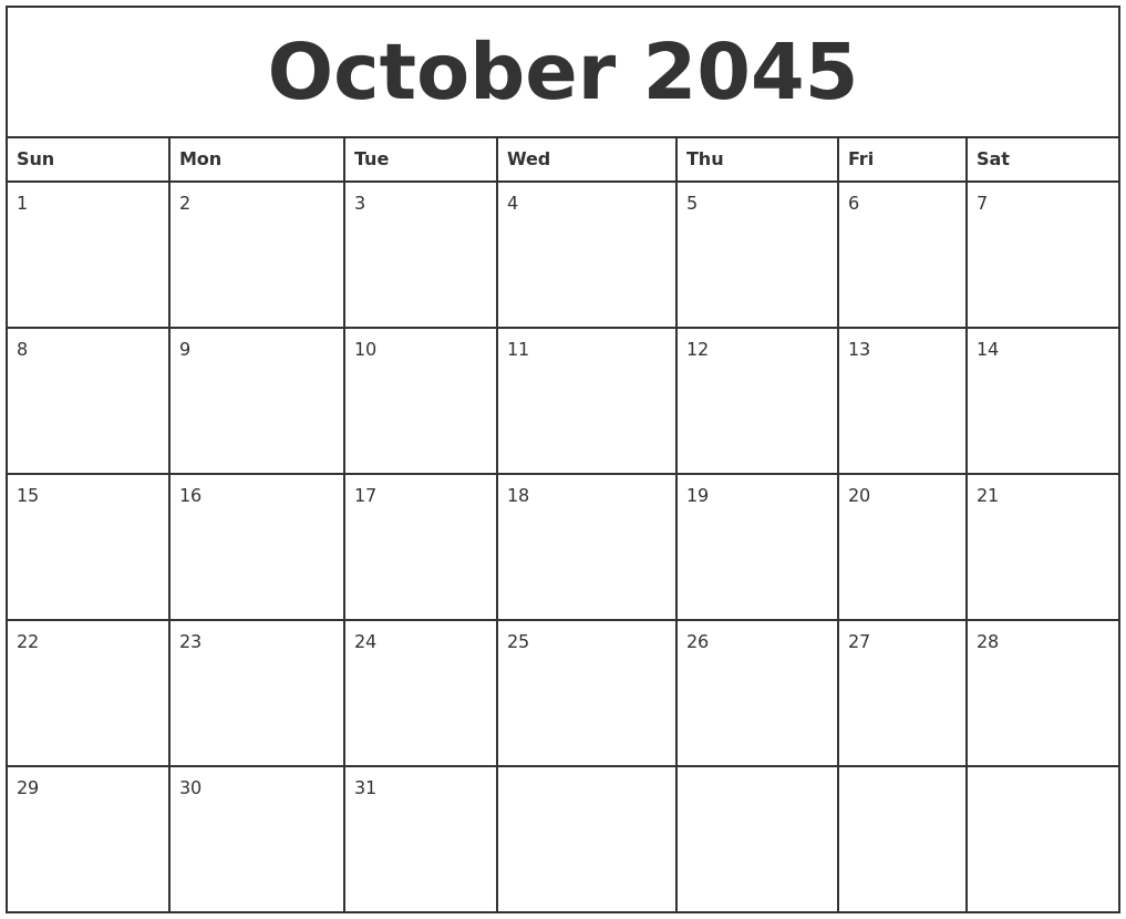 October 2045 Printable Monthly Calendar