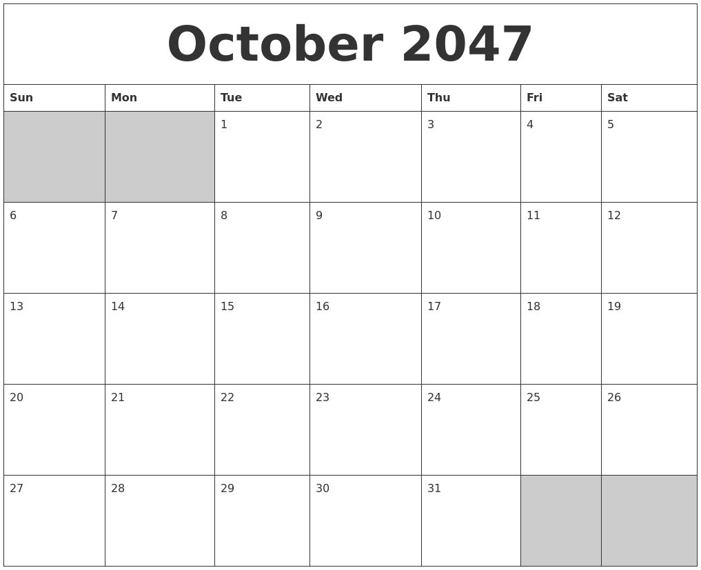 October 2047 Blank Printable Calendar