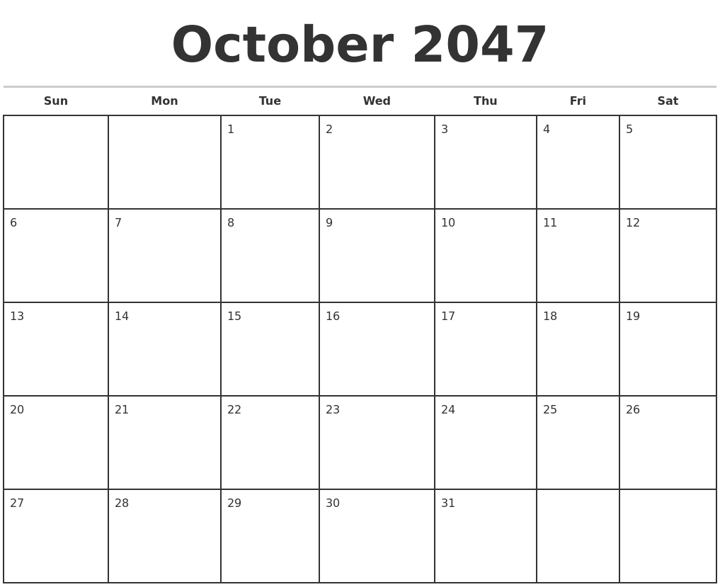 October 2047 Monthly Calendar Template