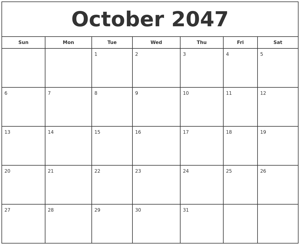 October 2047 Print Free Calendar