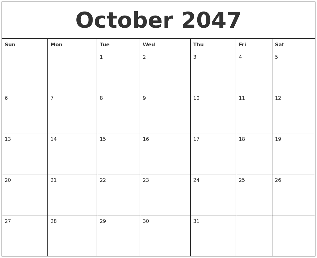 October 2047 Printable Monthly Calendar