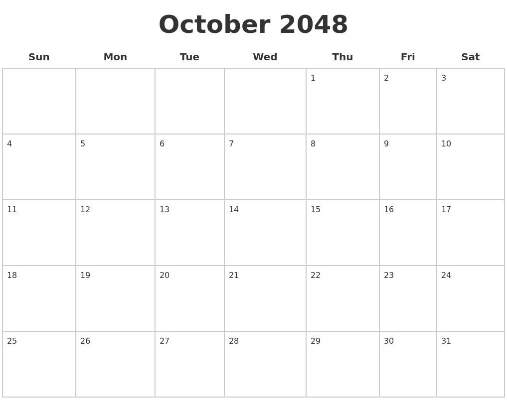 October 2048 Blank Calendar Pages