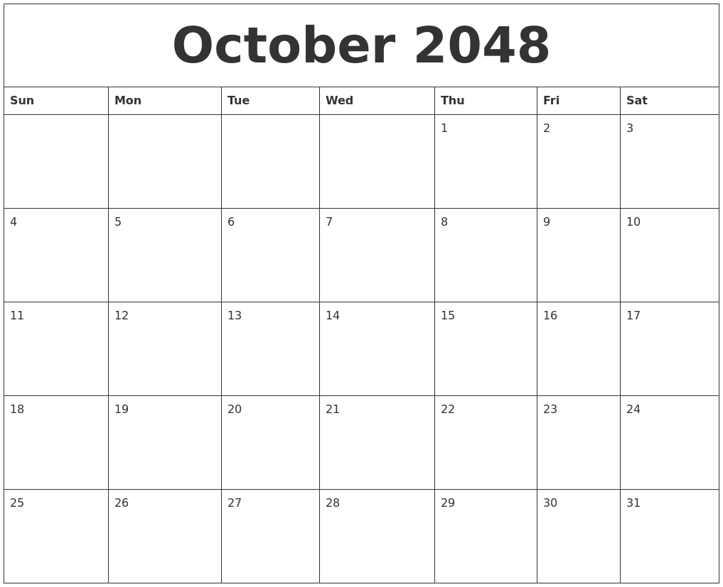 October 2048 Blank Monthly Calendar Template