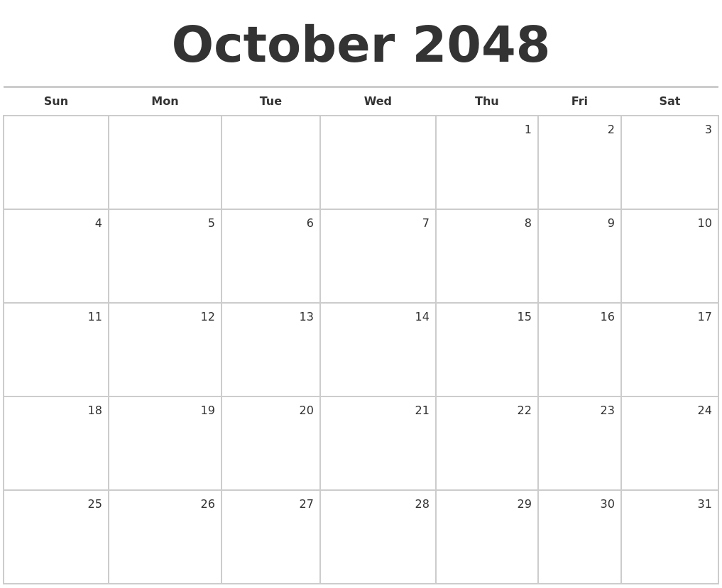 October 2048 Blank Monthly Calendar