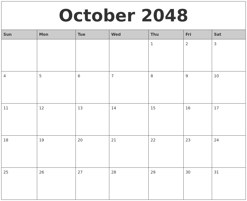 October 2048 Monthly Calendar Printable