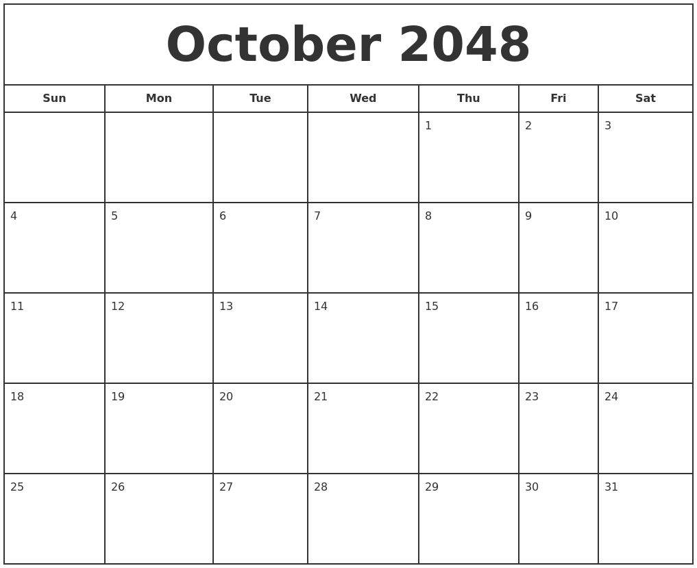 October 2048 Print Free Calendar
