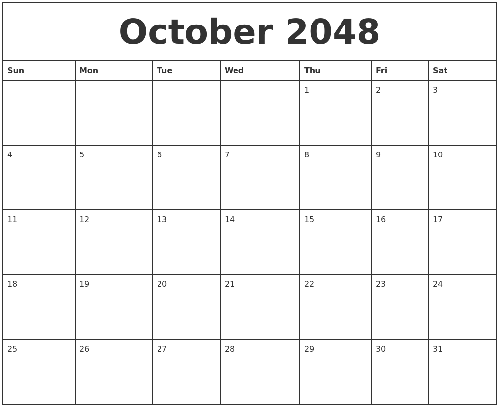 October 2048 Printable Monthly Calendar