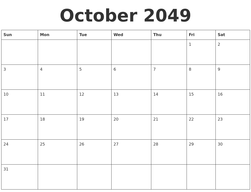 October 2049 Blank Calendar Template