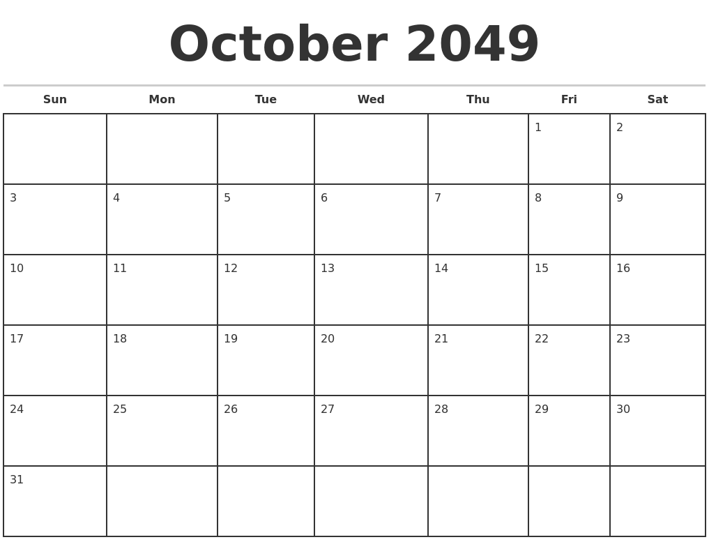 October 2049 Monthly Calendar Template