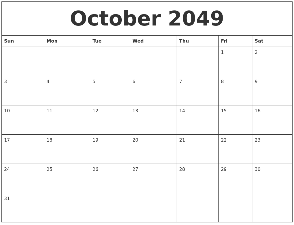 October 2049 Printable Daily Calendar