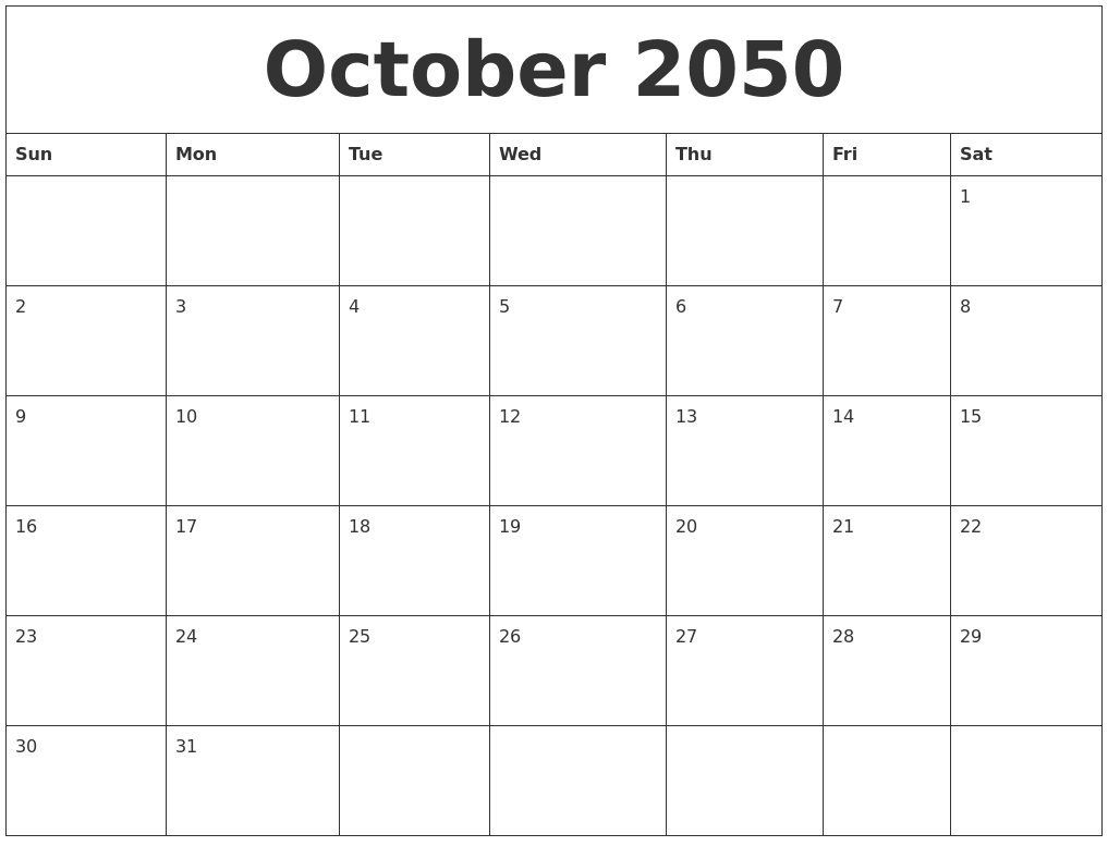 October 2050 Free Printable Weekly Calendar