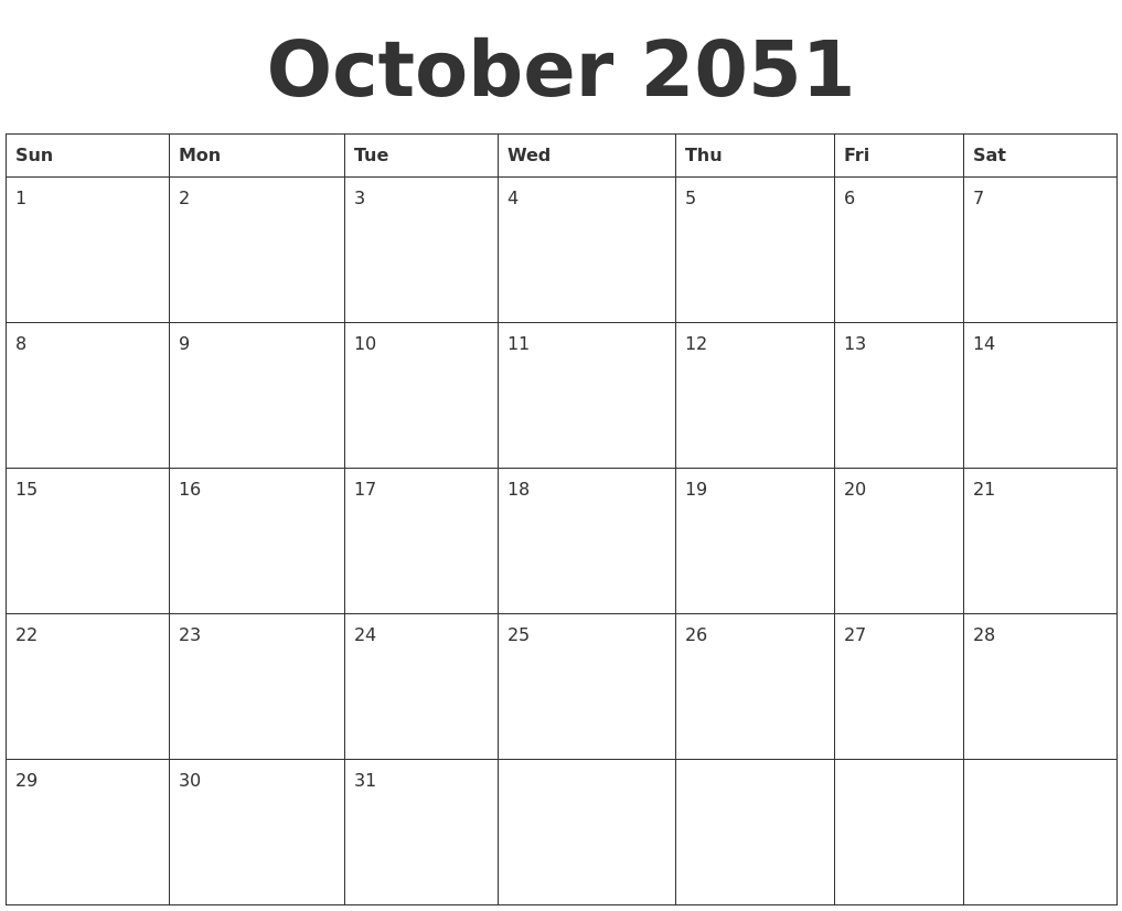 October 2051 Blank Calendar Template