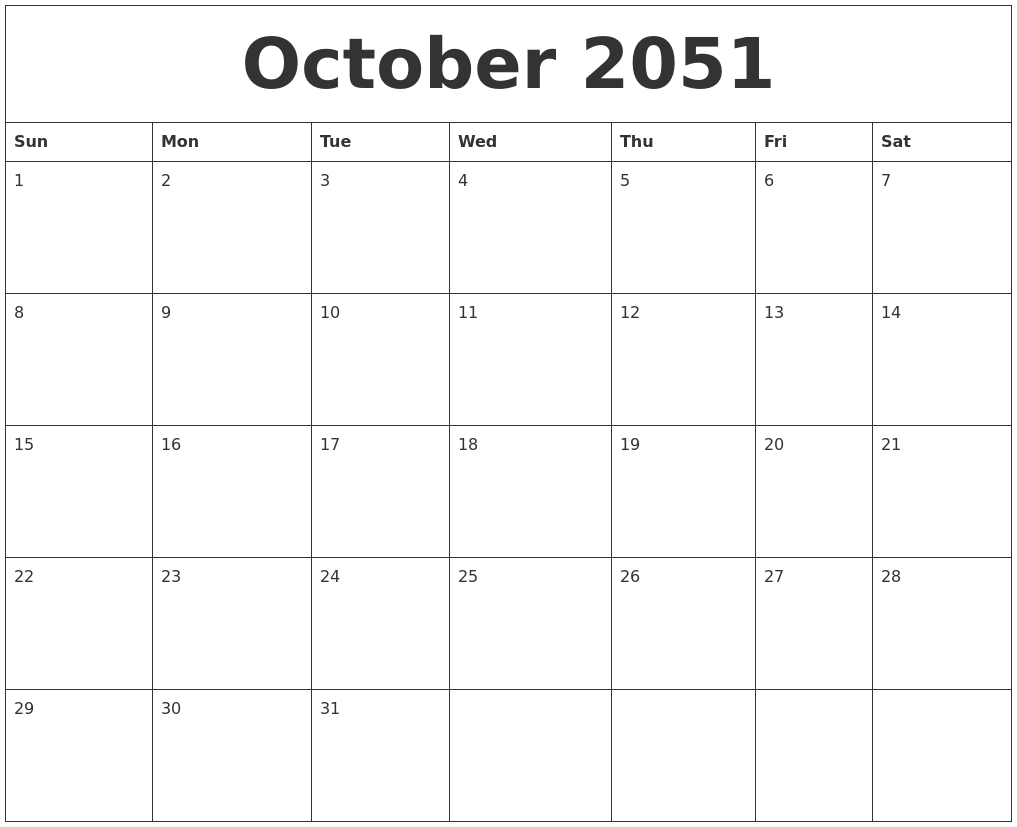 October 2051 Free Printable Calenders