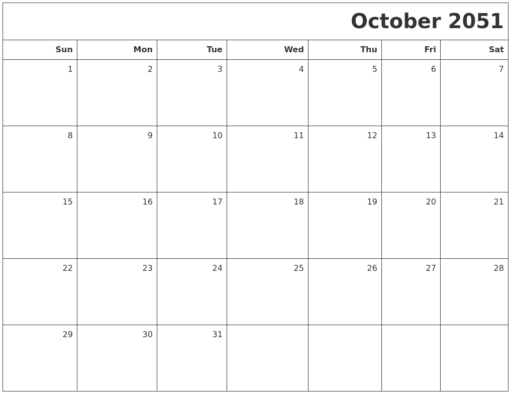 October 2051 Printable Blank Calendar