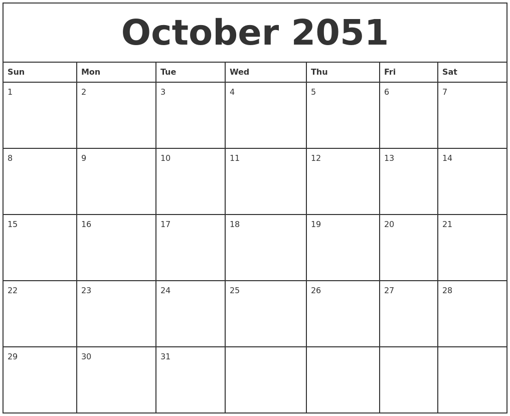 October 2051 Printable Monthly Calendar