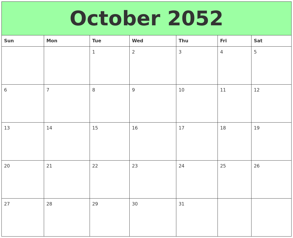 October 2052 Printable Calendars