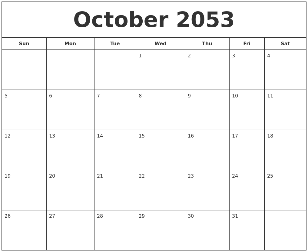 October 2053 Print Free Calendar