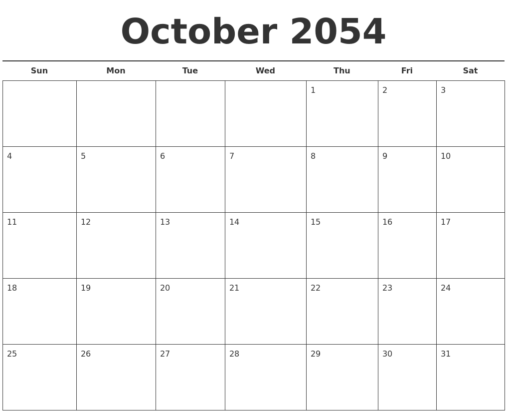 october 2054 free calendar template