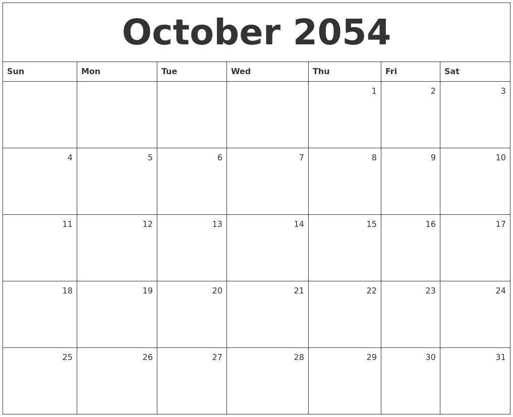 October 2054 Monthly Calendar