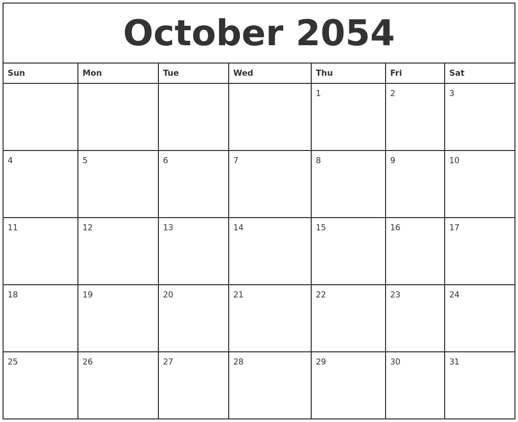 October 2054 Printable Monthly Calendar