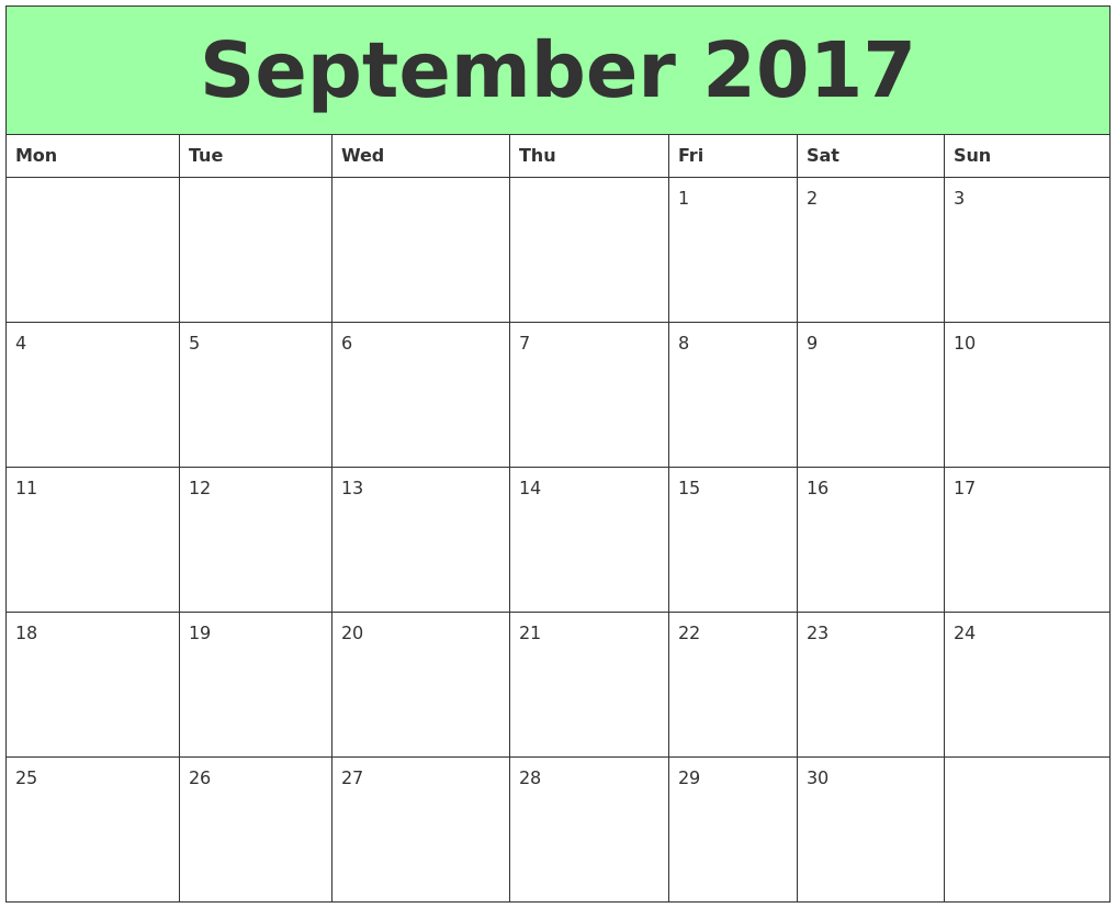 monthly calendar starting with monday
