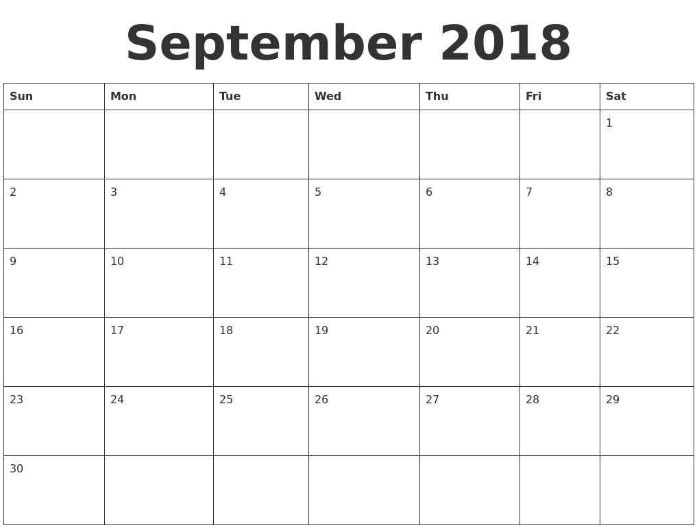 September 2018 Blank Calendar Template