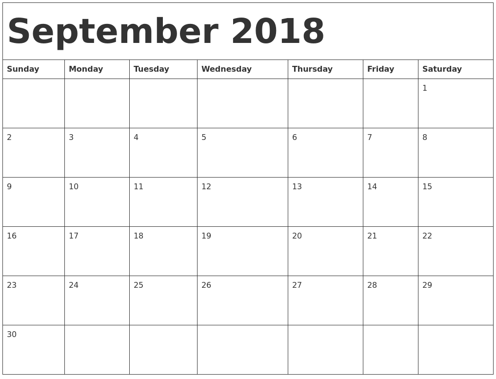 September 2018 Calendar Printable Template