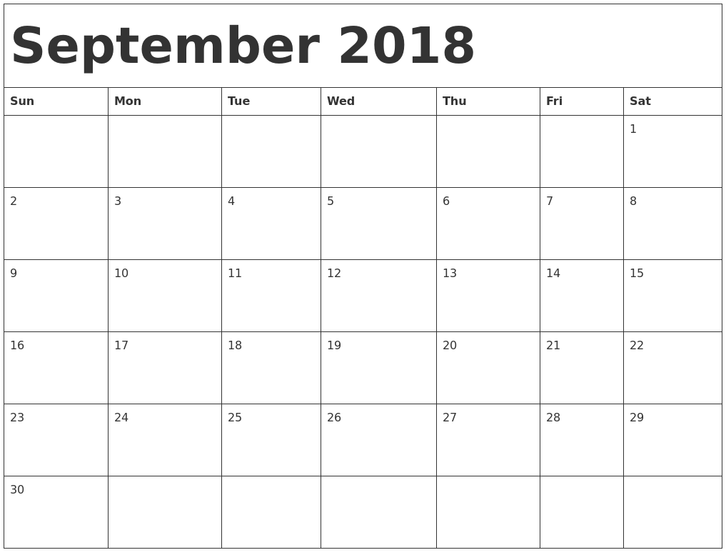 September 2018 Calendar Fillable