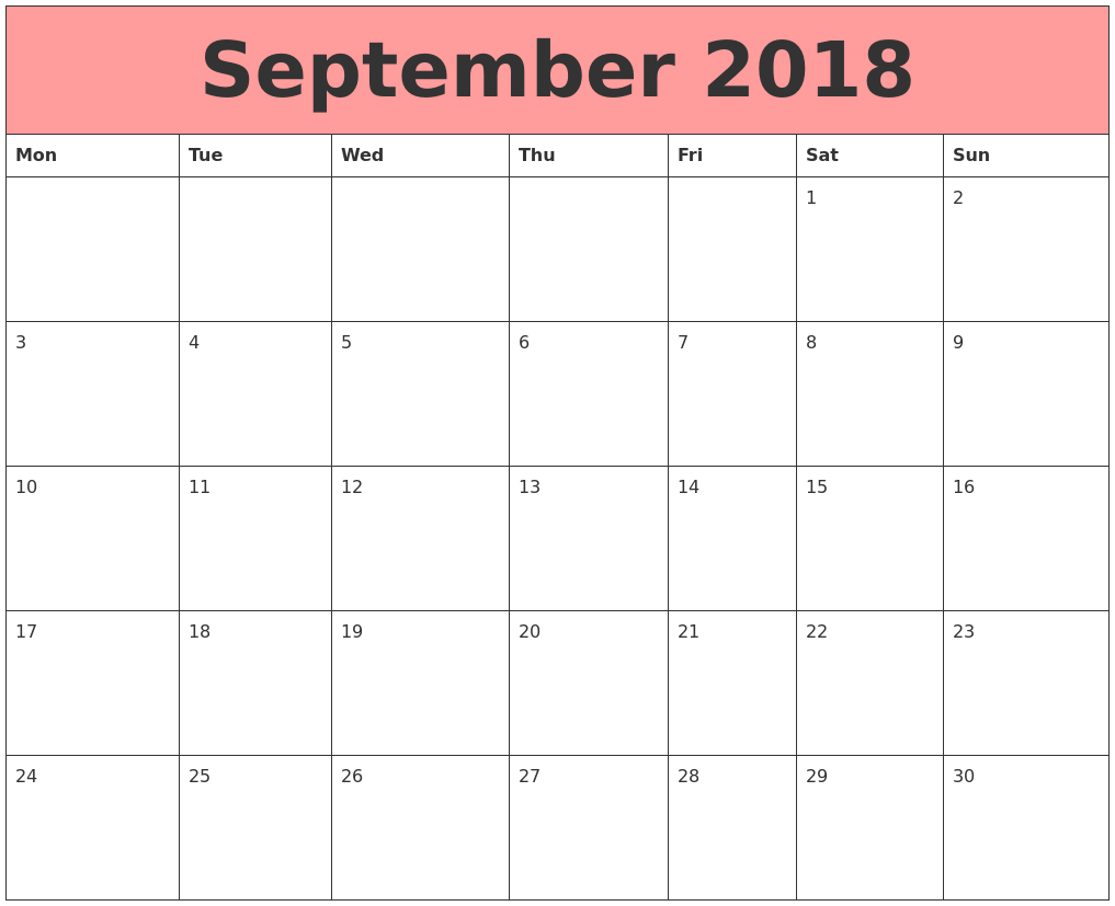 2018 calendar monday start