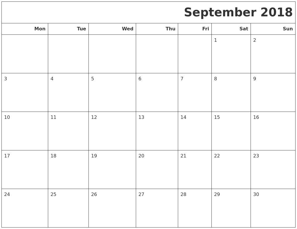 September 2018 Calendars To Print