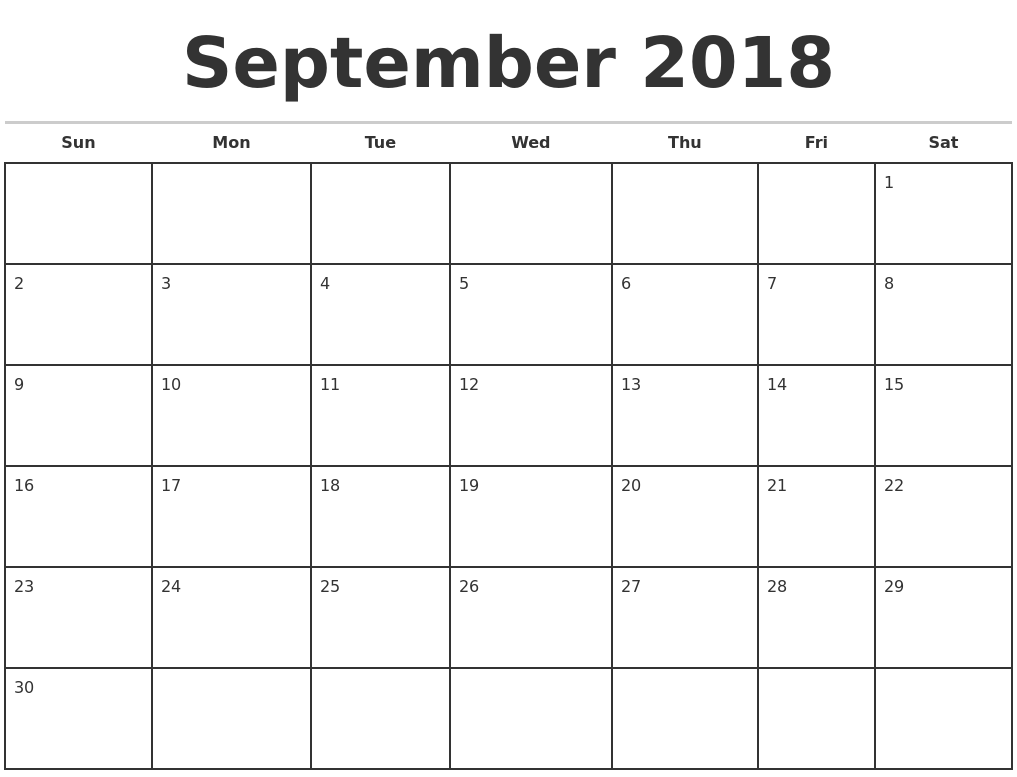 2018 September Calendar Printable Template