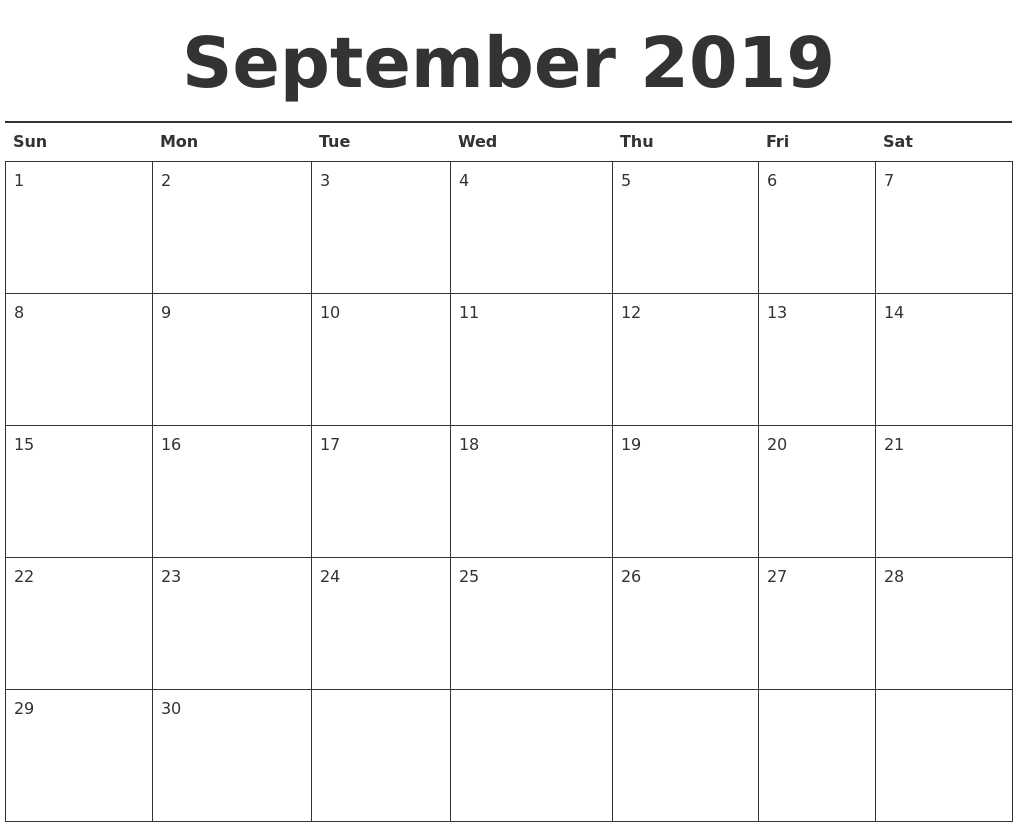 September 2019 Calendar Printable