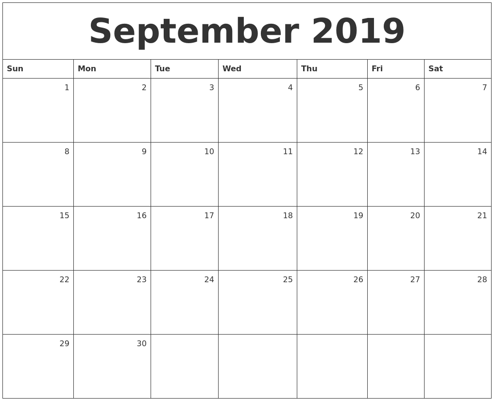 september 2019 monthly calendar
