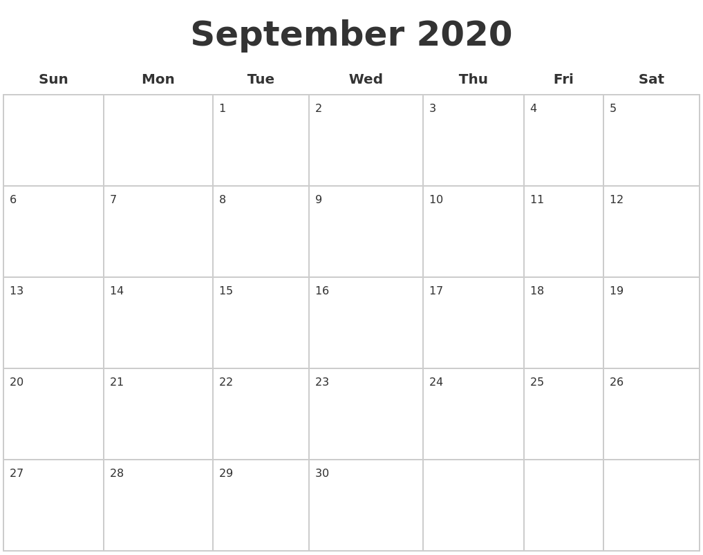 september 2020 blank calendar pages september calendar 2020 printable