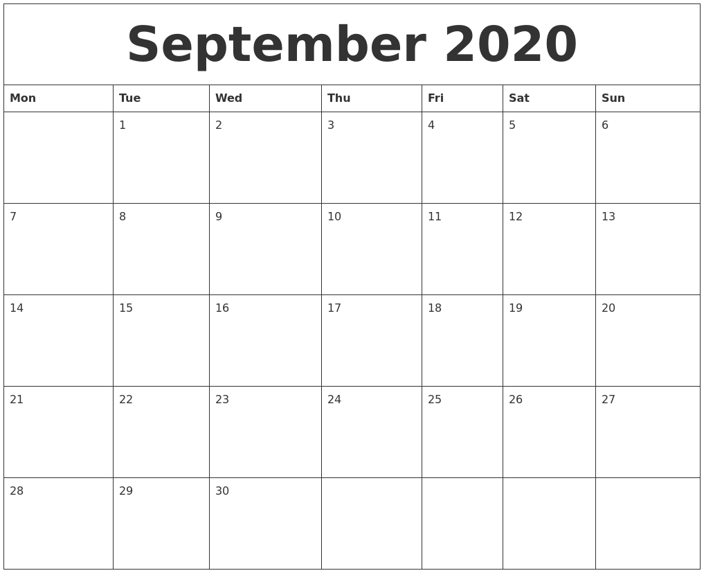 September 2020 Blank Calendar
