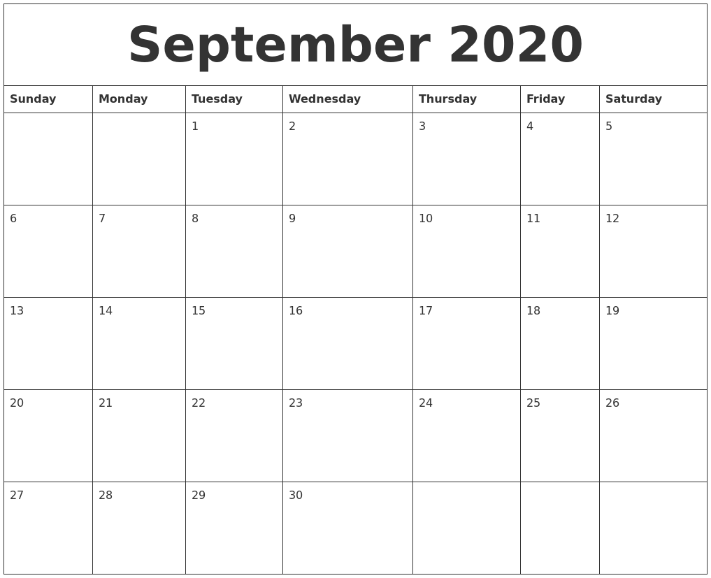 September 2020 Calendar Month