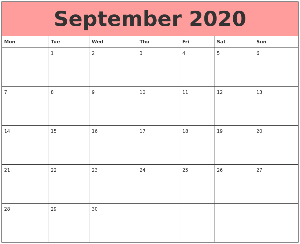 september 2020 calendars that work september monthly calendar 2020