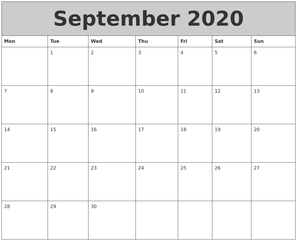 september 2020 my calendar sept calendar 2020 printable