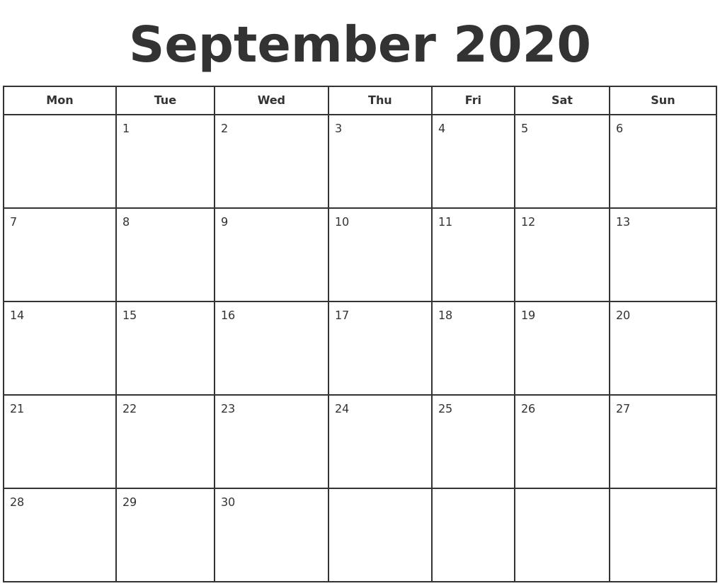 September 2020 Print A Calendar