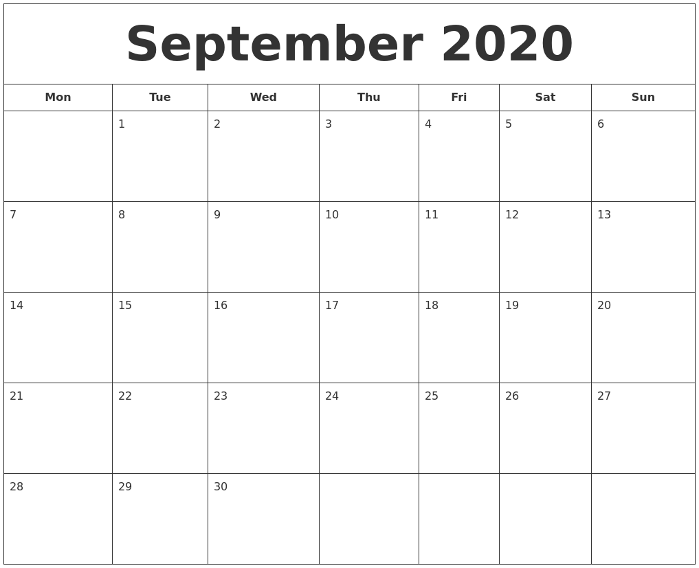 September 2020 Printable Calendar