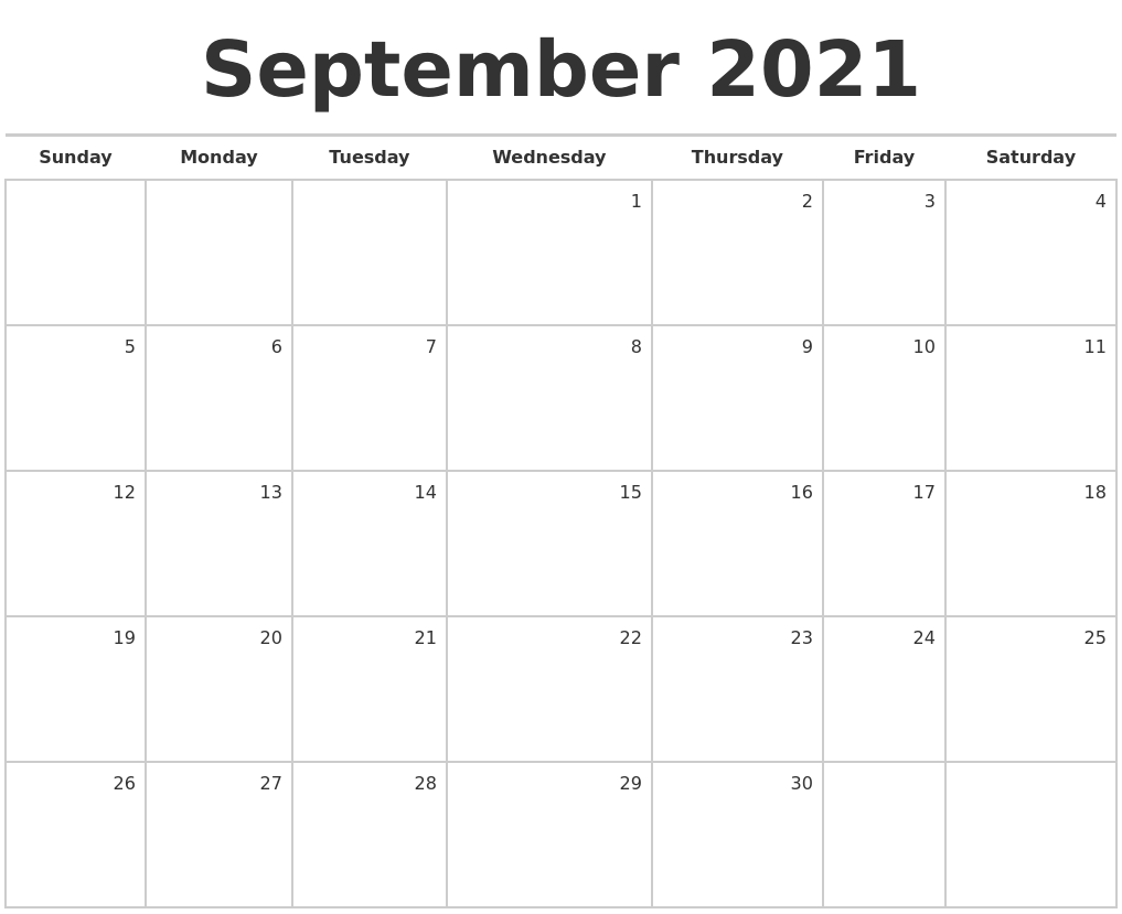 September 2021 Blank Monthly Calendar