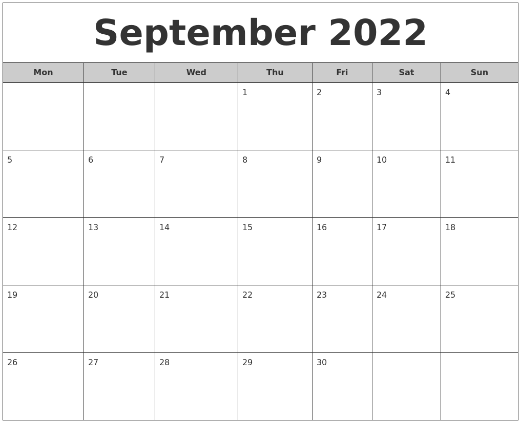 September 2022 Free Monthly Calendar